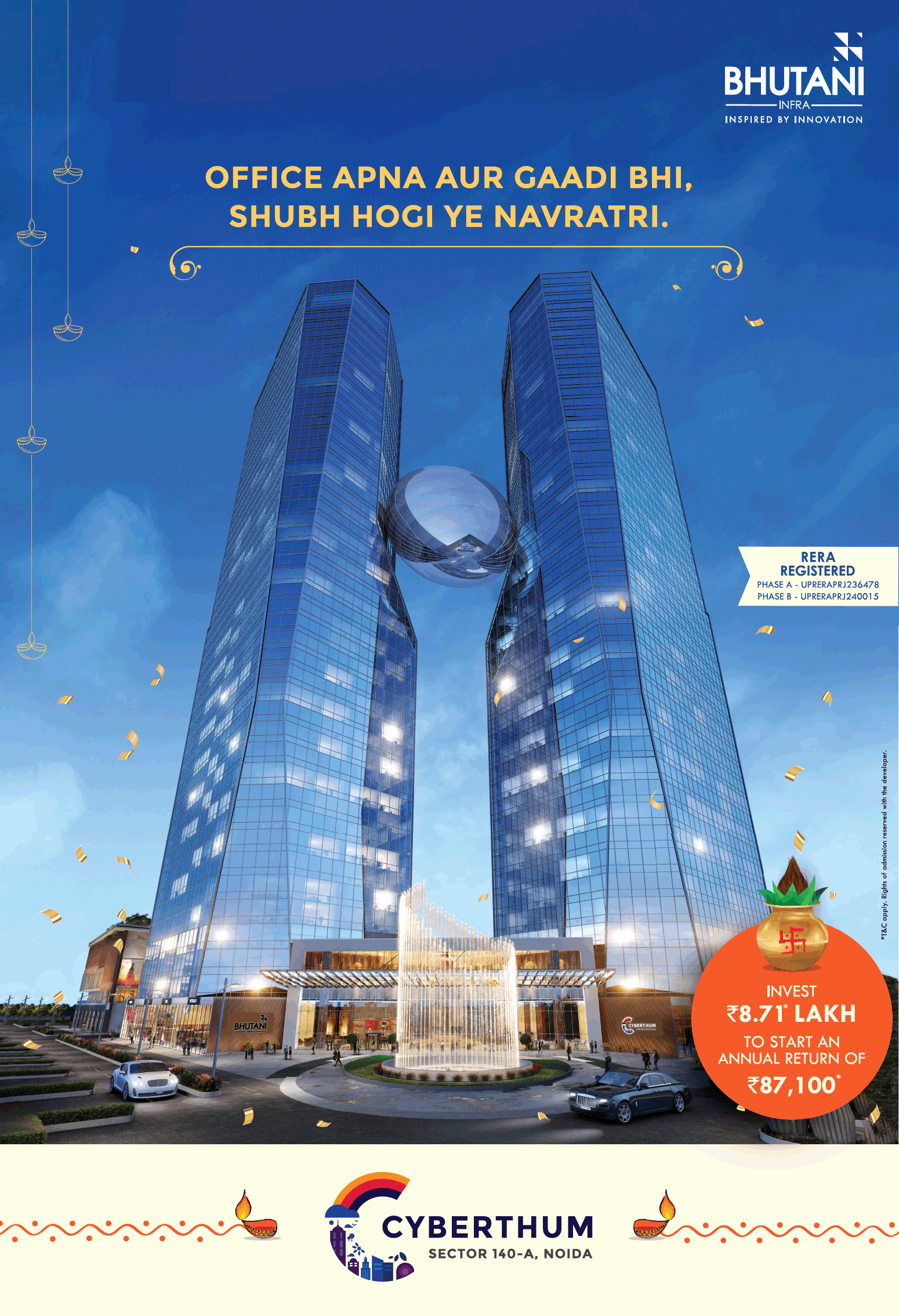 Invest in Rs. 8.71 lakhs to start an annual return of Rs. 81,700 at Bhutani Cyberthum in Noida